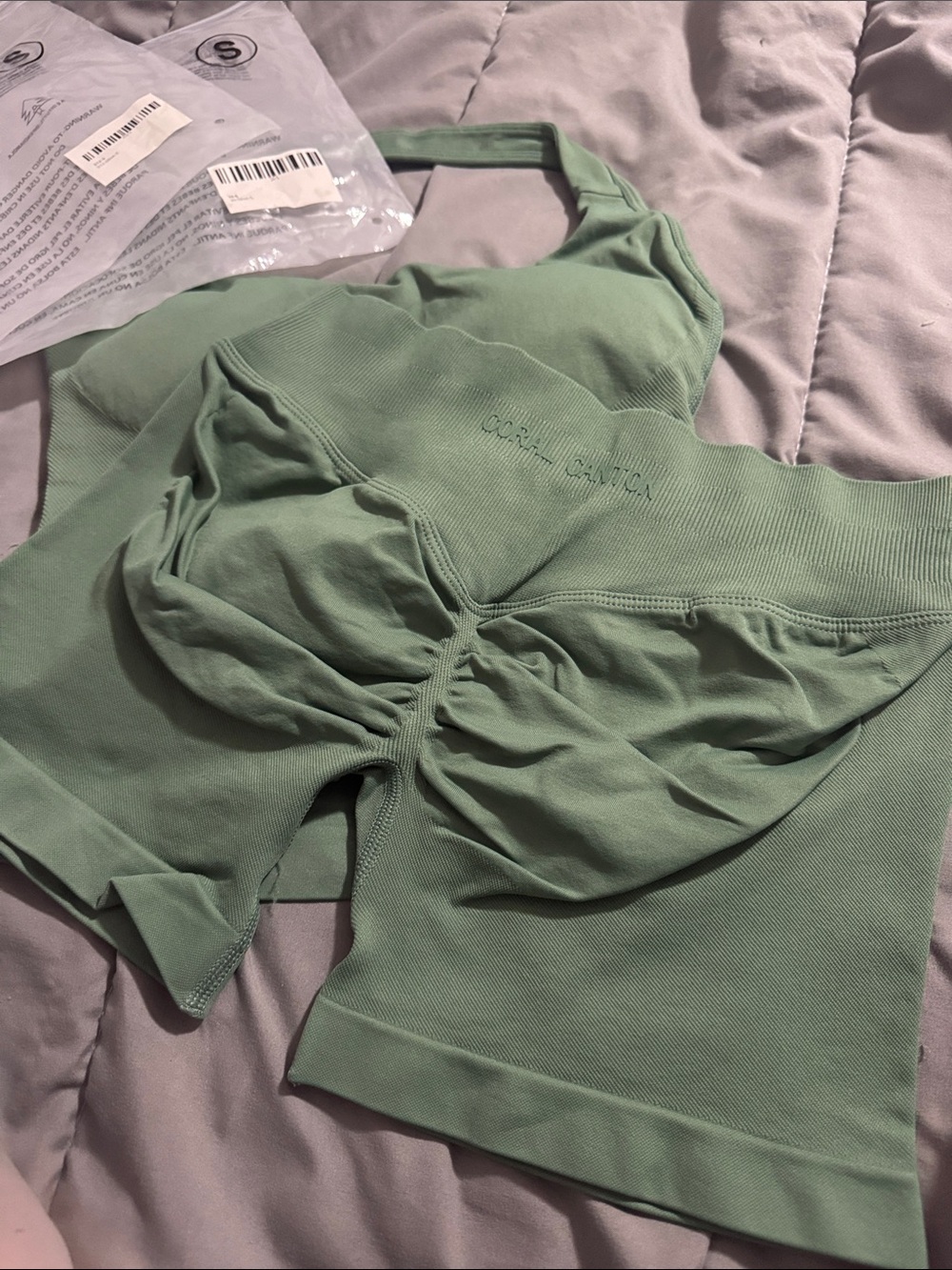 Green Ribbed Two-Piece Workout Set - Tank & High-Waist Shorts - Picture 4 of 11